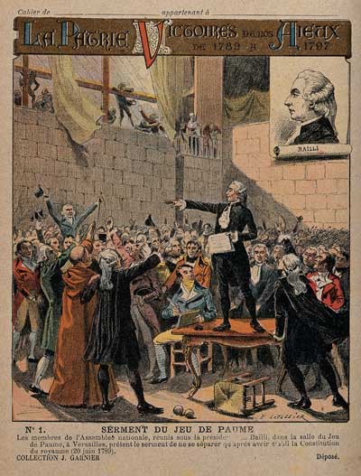 Oath of the Tennis Court: the deputies of the third estate meeting in the tennis court at the Château de Versailles with Bailly presiding, swearing not to disperse until a constitution is assured. Colour lithograph by E. Letellier
