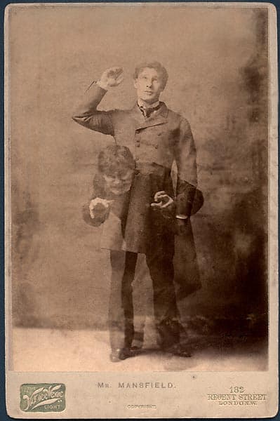 Richard Mansfield was best known for the dual role depicted in this double exposure: he starred in Dr. Jekyll and Mr. Hyde in both New York and London. The stage adaptation opened in New York in 1887 and London in 1888.